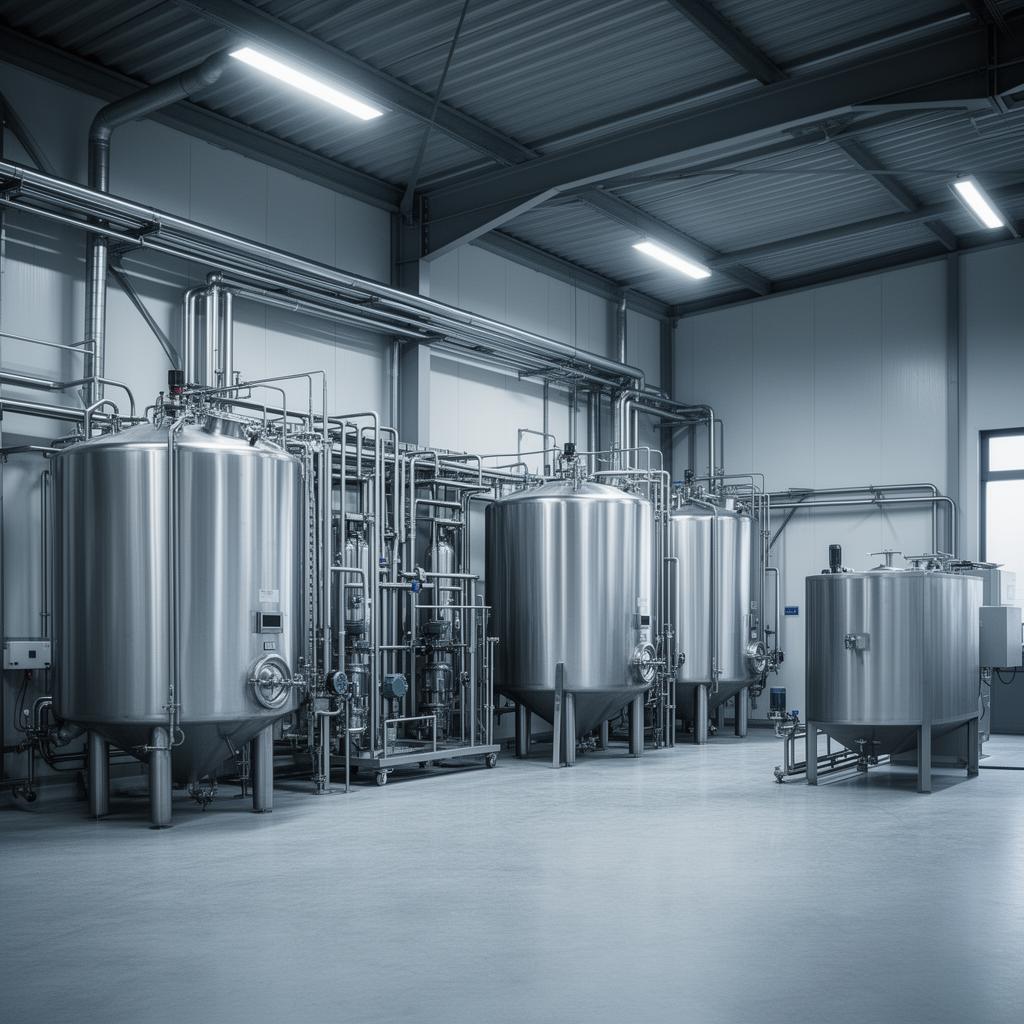 EU-certified manufacturing facility with stainless steel production tanks