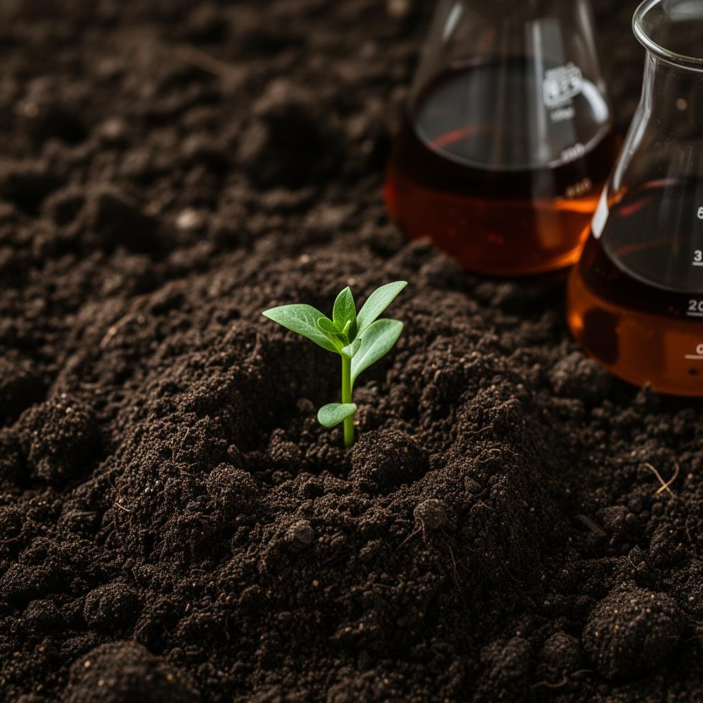 ProtoHumiX liquid biostimulant beside rich cultivated soil with emerging sprout